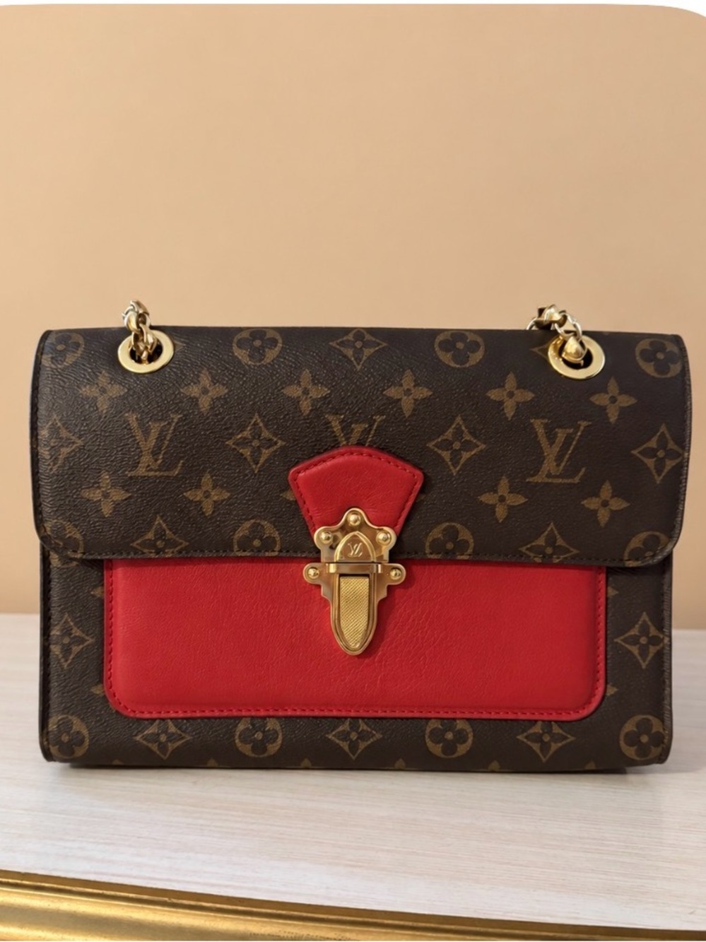 Louis Vuitton Monogram Shoulder Bag in Brown & Red with Gold Hardware